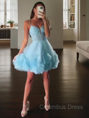 A-line/Princess Straps Short/Mini Tulle Corset Homecoming Dress with Cascading Ruffles Gowns, Bridesmaid Dress With Sleeves
