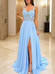 A-Line/Princess Straps Sweep Train Chiffon Corset Prom Dresses With Leg Slit outfit, Prom Dress Blue
