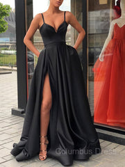 A-Line/Princess Straps Sweep Train Satin Corset Prom Dresses With Leg Slit outfit, Wedding Guest Dress Summer