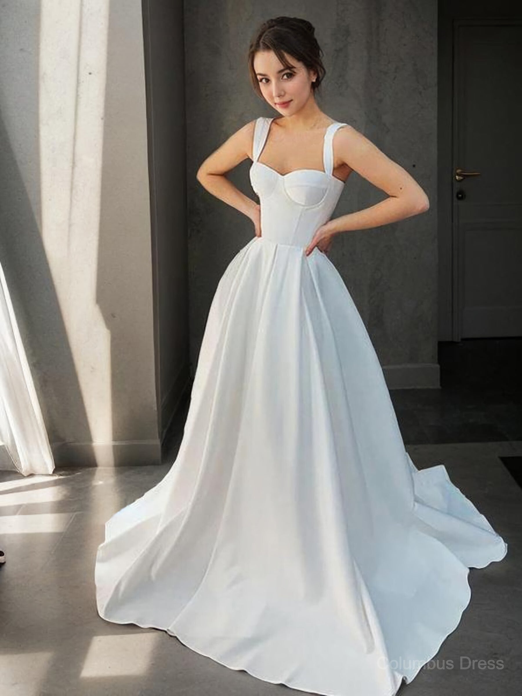 A-Line/Princess Straps Sweep Train Satin Corset Wedding Dresses outfit, Wedding Dresses Budget