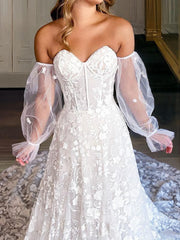 A-Line/Princess Sweetheart Cathedral Train Lace Corset Wedding Dresses With Appliques Lace outfit, Wedding Dress Long Sleeves