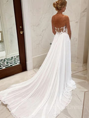 A-Line/Princess Sweetheart Chapel Train Chiffon Corset Wedding Dresses With Leg Slit outfit, Wedding Dresses Trains