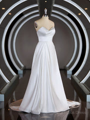 A-Line/Princess Sweetheart Chapel Train Satin Corset Wedding Dresses with Ruffles Gowns, Wedding Dresses Short