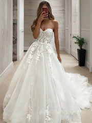 A-Line/Princess Sweetheart Chapel Train Tulle Corset Wedding Dresses With Appliques Lace outfit, Wedding Dress Tulle