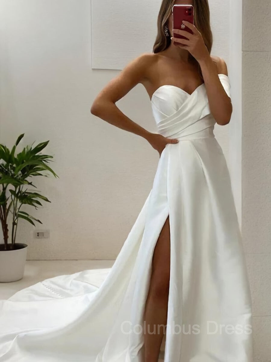 A-Line/Princess Sweetheart Court Train Satin Corset Wedding Dresses With Leg Slit outfit, Wedding Dress Shaper