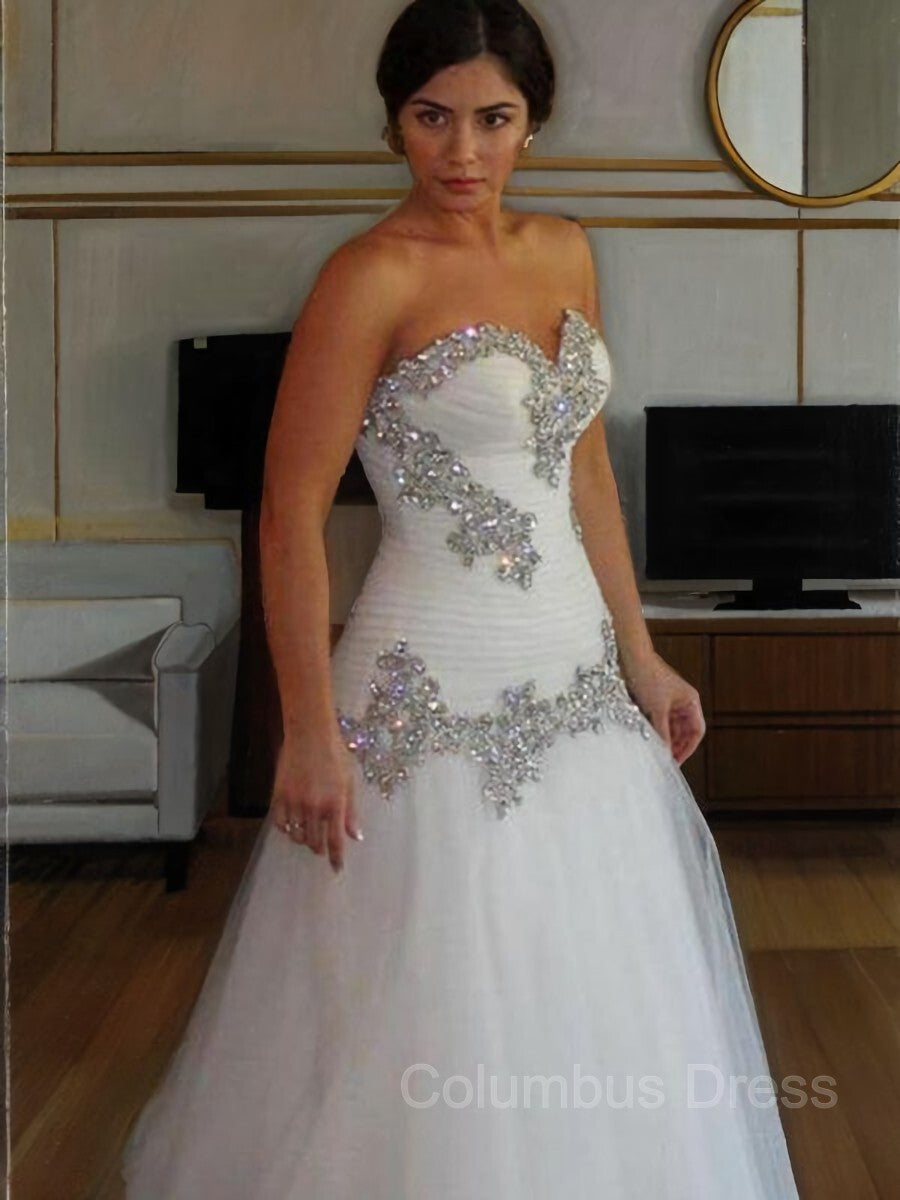 A-Line/Princess Sweetheart Floor-Length Tulle Corset Wedding Dresses With Rhinestone outfits, Wedding Dress Lace Sleeves