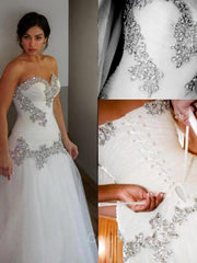 A-Line/Princess Sweetheart Floor-Length Tulle Corset Wedding Dresses With Rhinestone outfits, Wedding Dresses Laced Sleeves