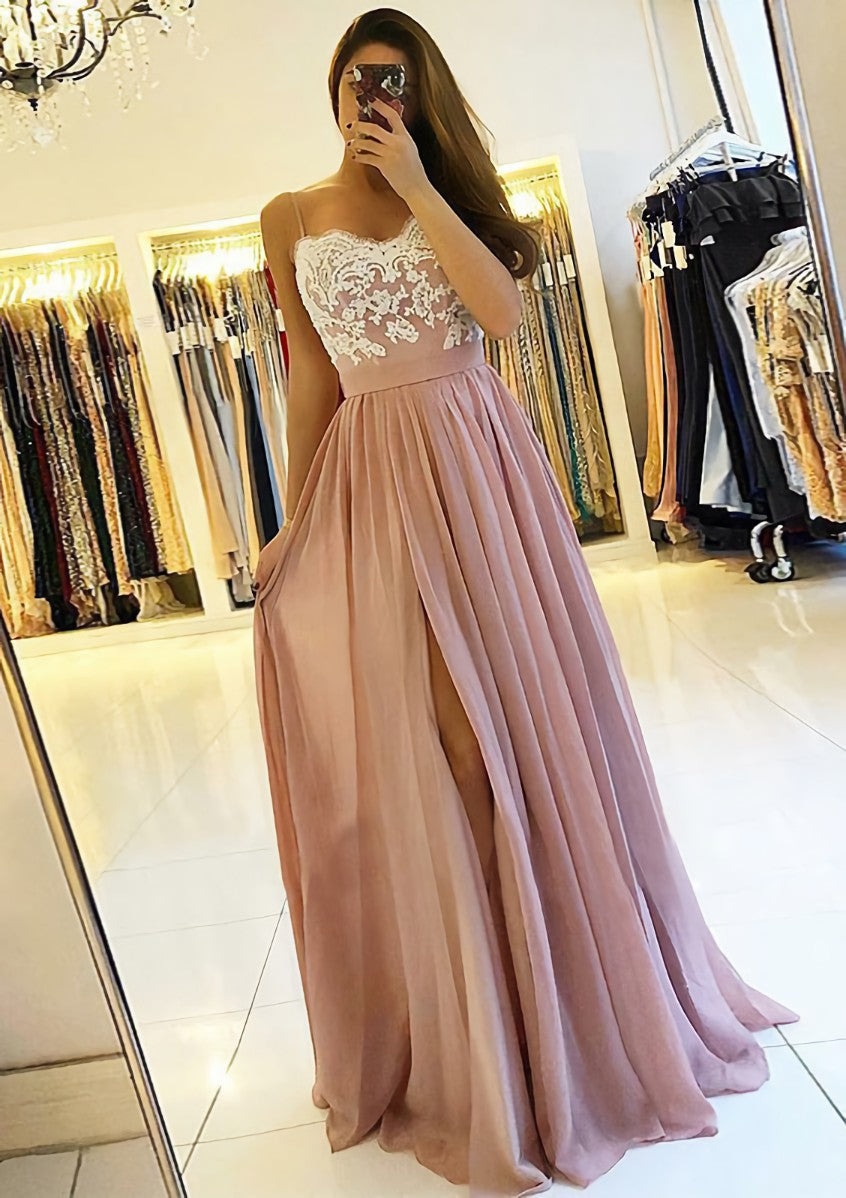 A-line/Princess Sweetheart Sleeveless Long/Floor-Length Chiffon Corset Prom Dress With Split Appliqued Gowns, Formal Dresses With Tulle