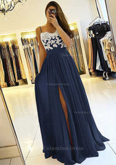 A-line/Princess Sweetheart Sleeveless Long/Floor-Length Chiffon Corset Prom Dress With Split Appliqued Gowns, Formal Dress With Sleeve