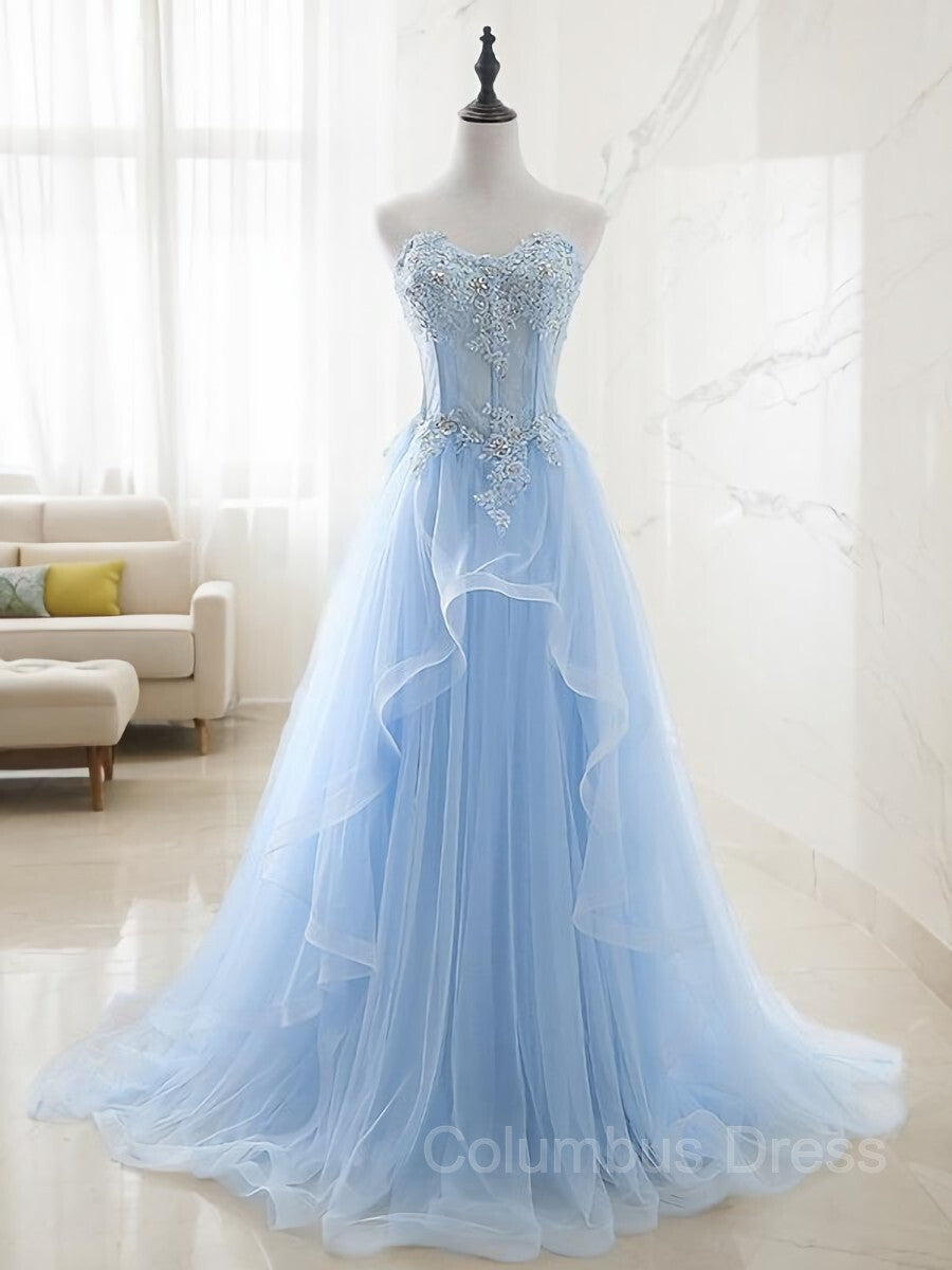 A-Line/Princess Sweetheart Sweep Train Tulle Corset Prom Dresses With Appliques Lace outfit, Bridal Dress