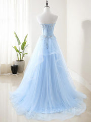 A-Line/Princess Sweetheart Sweep Train Tulle Corset Prom Dresses With Appliques Lace outfit, Prom Gown