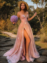 A-Line/Princess Sweetheart Sweep Train Tulle Corset Prom Dresses With Leg Slit outfit, Bridesmaid Dress Color Schemes