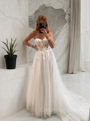 A-Line/Princess Sweetheart Sweep Train Tulle Corset Wedding Dresses With Appliques Lace outfit, Wedding Dresses Boutique