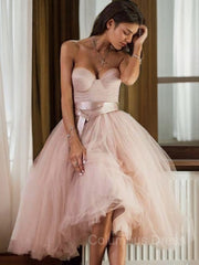 A-Line/Princess Sweetheart Tea-Length Tulle Corset Homecoming Dresses With Belt/Sash outfits, Bridesmaides Dresses Green