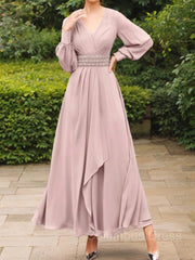 A-Line/Princess V-neck Ankle-Length Chiffon Mother of the Bride Dresses With Belt Gowns, Long Sleeve Wedding Dress