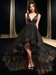 A-Line/Princess V-neck Asymmetrical Tulle Corset Prom Dresses With Beading outfit, Party Dresses For Girl