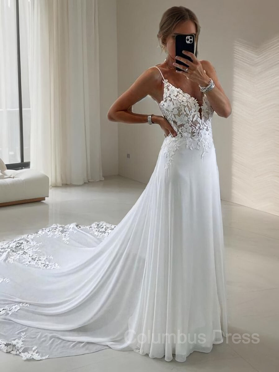 A-Line/Princess V-neck Chapel Train Chiffon Corset Wedding Dresses With Appliques Lace outfit, Wedding Dresses 2031