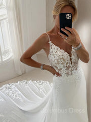 A-Line/Princess V-neck Chapel Train Chiffon Corset Wedding Dresses With Appliques Lace outfit, Wedding Dress Online Shopping
