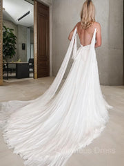 A-Line/Princess V-neck Chapel Train Chiffon Corset Wedding Dresses With Leg Slit outfit, Wedding Dresses Dress