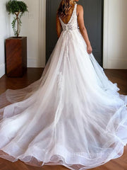 A-Line/Princess V-neck Chapel Train Tulle Corset Wedding Dresses With Appliques Lace outfit, Wedding Dress For Short Bride