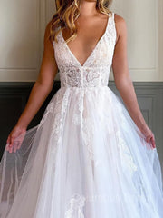 A-Line/Princess V-neck Chapel Train Tulle Corset Wedding Dresses With Appliques Lace outfit, Wedding Dress Pinterest