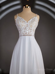 A-Line/Princess V-neck Court Train Chiffon Corset Wedding Dresses with Leg Slit outfit, Wedding Dress Designer