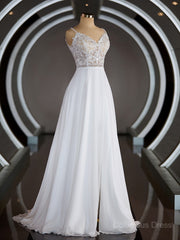 A-Line/Princess V-neck Court Train Chiffon Corset Wedding Dresses with Leg Slit outfit, Wedding Dress Designers
