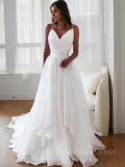 A-Line/Princess V-neck Court Train Organza Corset Wedding Dresses outfit, Wedding Dresses Long Sleev