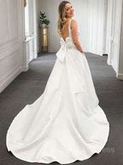 A-Line/Princess V-neck Court Train Satin Corset Wedding Dresses With Bow outfit, Wedding Dress Online