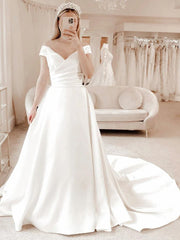 A-Line/Princess V-neck Court Train Satin Corset Wedding Dresses With Pleated Gowns, Wedding Dresses Shapes