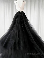 A-line/Princess V-neck Court Train Tulle Corset Wedding Dress with Appliques Lace outfit, Wedding Dresses Vintage