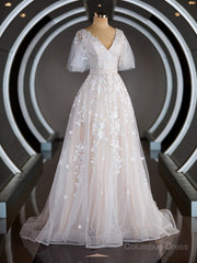 A-Line/Princess V-neck Court Train Tulle Corset Wedding Dresses with Appliques Lace outfit, Wedding Dress Romantic
