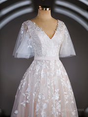 A-Line/Princess V-neck Court Train Tulle Corset Wedding Dresses with Appliques Lace outfit, Wedding Dress Under
