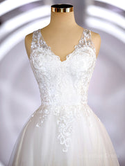 A-Line/Princess V-neck Court Train Tulle Corset Wedding Dresses with Appliques Lace outfit, Wedding Dresses Romantic