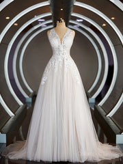 A-Line/Princess V-neck Court Train Tulle Corset Wedding Dresses with Appliques Lace outfit, Wedding Dress Aesthetic