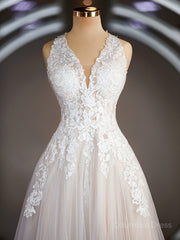 A-Line/Princess V-neck Court Train Tulle Corset Wedding Dresses with Appliques Lace outfit, Wedding Dresses A Line