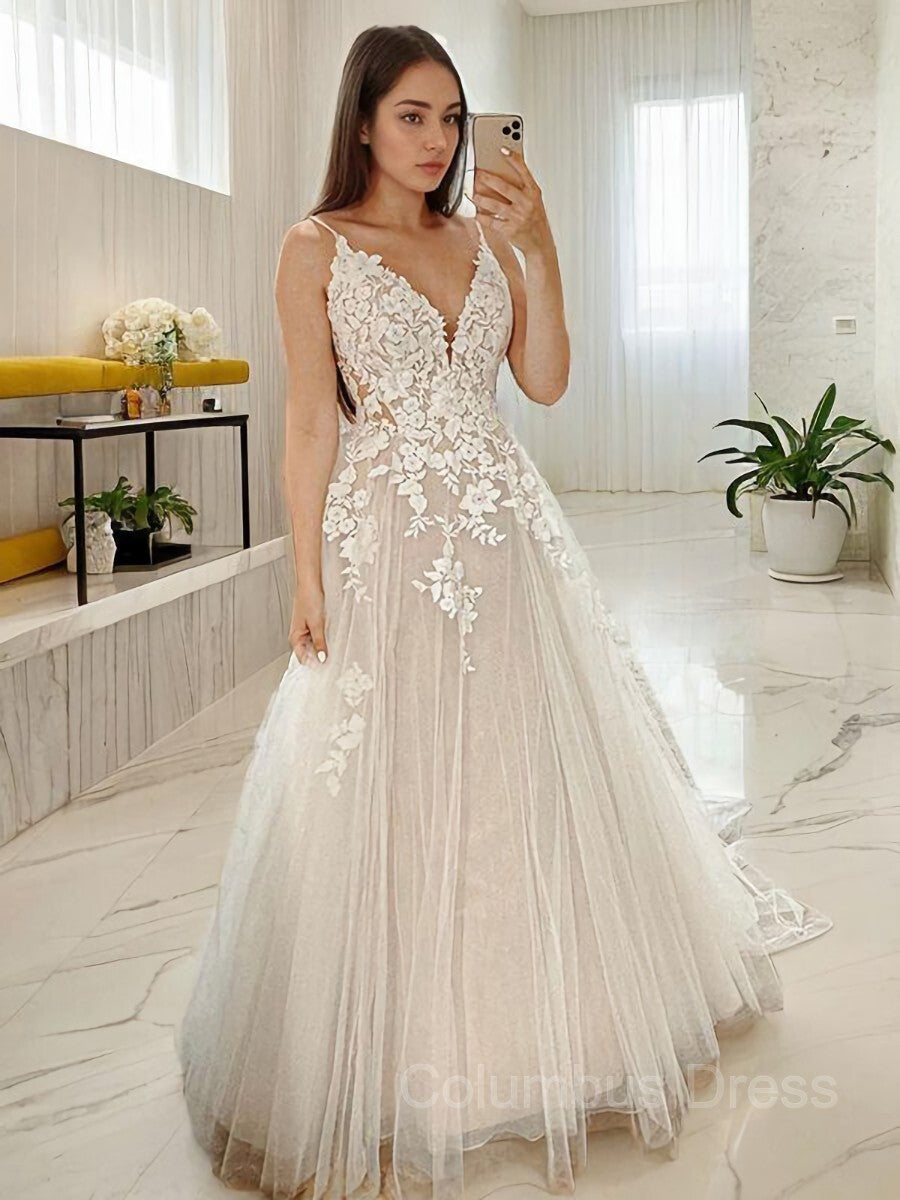 A-Line/Princess V-neck Court Train Tulle Corset Wedding Dresses With Appliques Lace outfit, Wedding Dress Simple Elegant