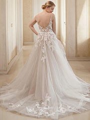 A-Line/Princess V-neck Court Train Tulle Corset Wedding Dresses With Appliques Lace outfit, Wedding Dresses Simple Elegant