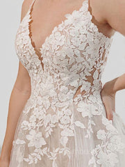 A-Line/Princess V-neck Court Train Tulle Corset Wedding Dresses With Appliques Lace outfit, Wedding Dresses Lace Romantic