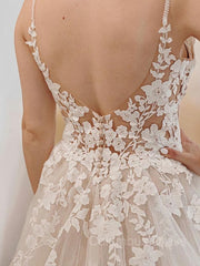 A-Line/Princess V-neck Court Train Tulle Corset Wedding Dresses With Appliques Lace outfit, Wedding Dresses Train