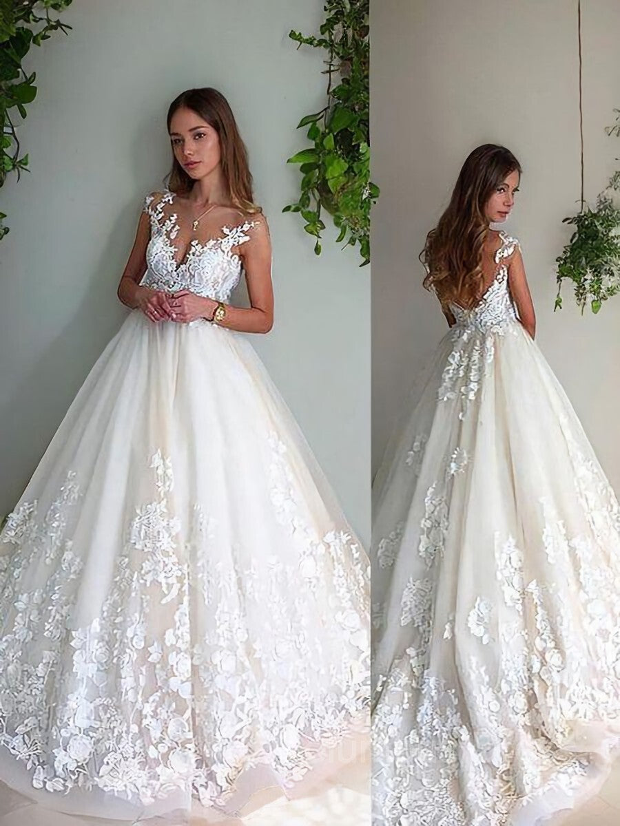 A-Line/Princess V-neck Court Train Tulle Corset Wedding Dresses With Appliques Lace outfit, Wedding Dress Lace Simple