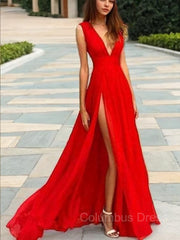 A-Line/Princess V-neck Floor-Length Chiffon Corset Prom Dresses With Leg Slit outfit, Prom Dress Princess Style