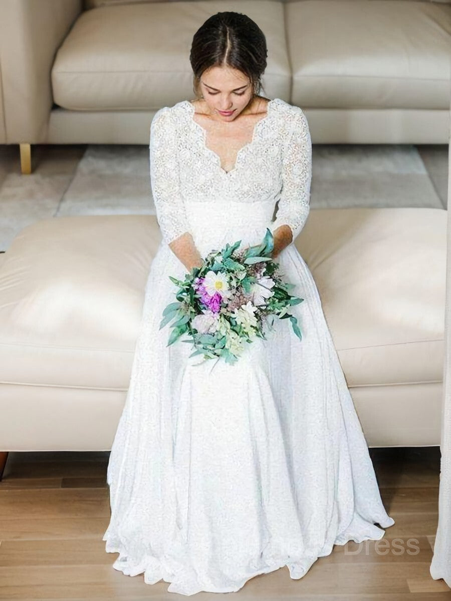 A-Line/Princess V-neck Floor-Length Chiffon Corset Wedding Dresses outfit, Wedding Dresses Sleeves