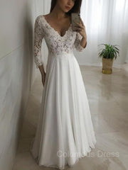 A-Line/Princess V-neck Floor-Length Chiffon Corset Wedding Dresses With Appliques Lace outfit, Wedding Dress With Sleeves Lace