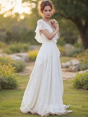A-Line/Princess V-neck Floor-Length Chiffon Corset Wedding Dresses With Belt/Sash outfits, Wedding Dressed Princess