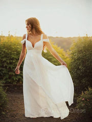 A-Line/Princess V-neck Floor-Length Chiffon Corset Wedding Dresses With Ruffles Gowns, Wedding Dresses Straps
