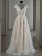 A-Line/Princess V-neck Floor-Length Lace Corset Wedding Dresses With Appliques Lace outfit, Wedding Dresses Boutiques