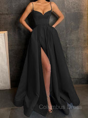 A-Line/Princess V-neck Floor-Length Satin Corset Prom Dresses With Leg Slit outfit, Formal Dresses Gown