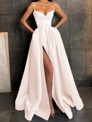 A-Line/Princess V-neck Floor-Length Satin Corset Prom Dresses With Leg Slit outfit, Formal Dress Gowns