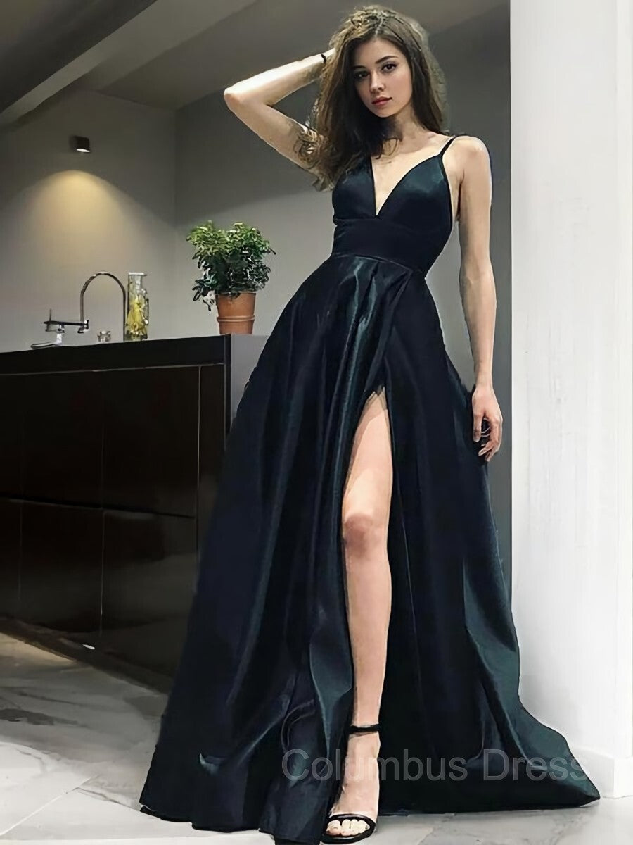 A-Line/Princess V-neck Floor-Length Satin Corset Prom Dresses With Leg Slit outfit, Prom Dresses With Sleeve